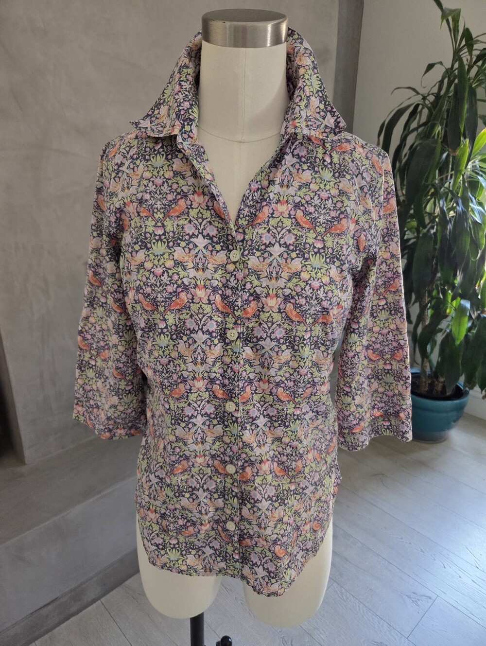 Saks Fifth AVENUE Floral Bird Print Button-Up Shirt - Pink, Purple, Green 100% C